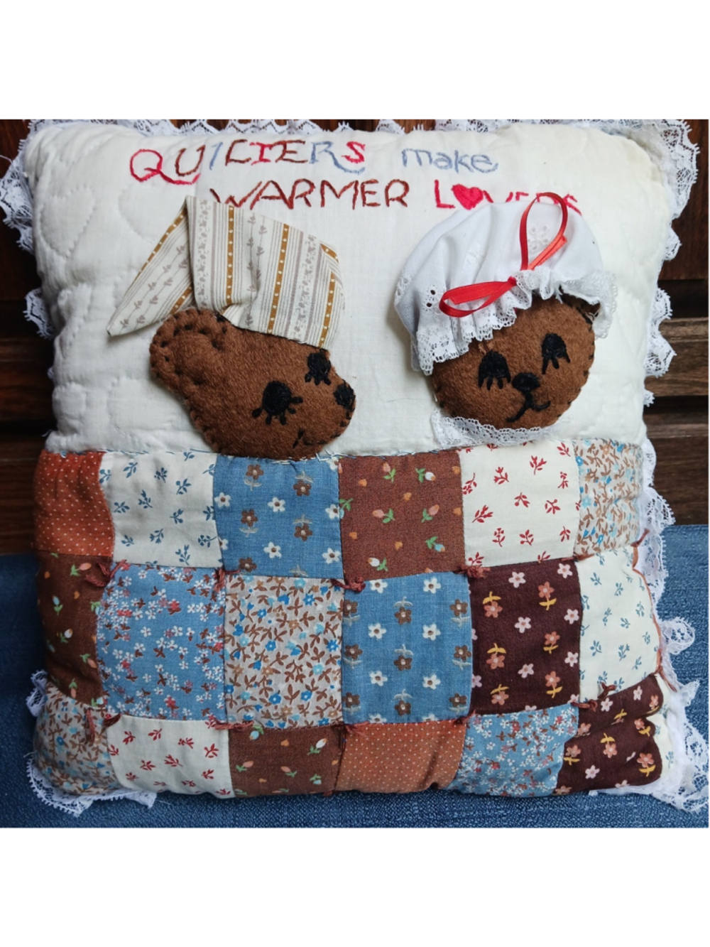 Vintage Quilters Make Warmer Lovers Teddy Bear Pillow Decorative Cottage Core